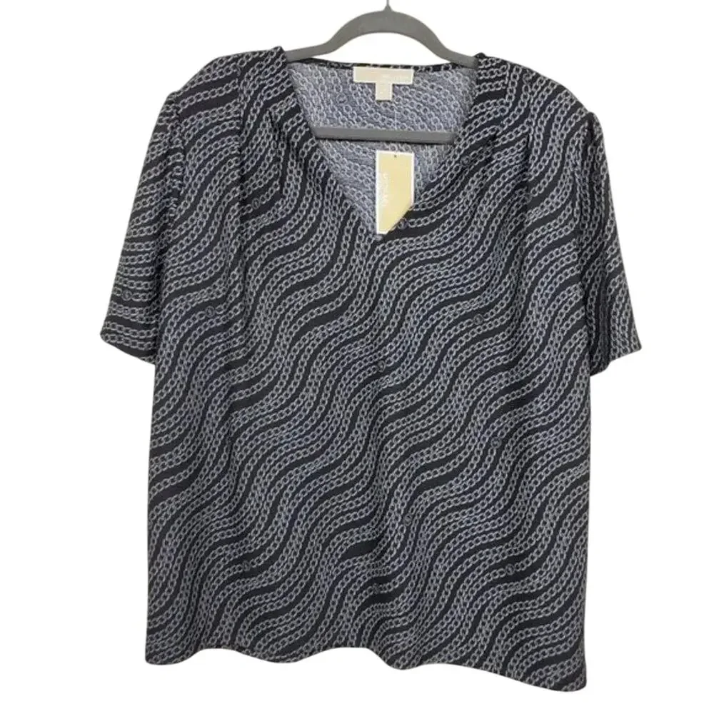 Michael Kors Chain Print Top Women Size PXL Black Silver Short Sleeve NEW